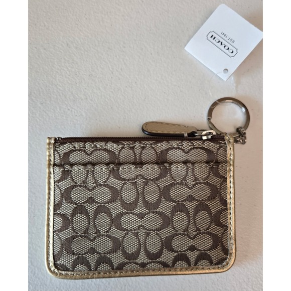 Coach‎ Signature Canvas Card Case Holder Coin Pouch Keychain Gold Trim - Picture 4 of 6
